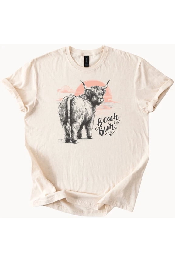Fluffy Cow Beach Bum Tee Highland Heifer T Shirt Cute Cow Top Size S-5Xl Heygategoo Tee