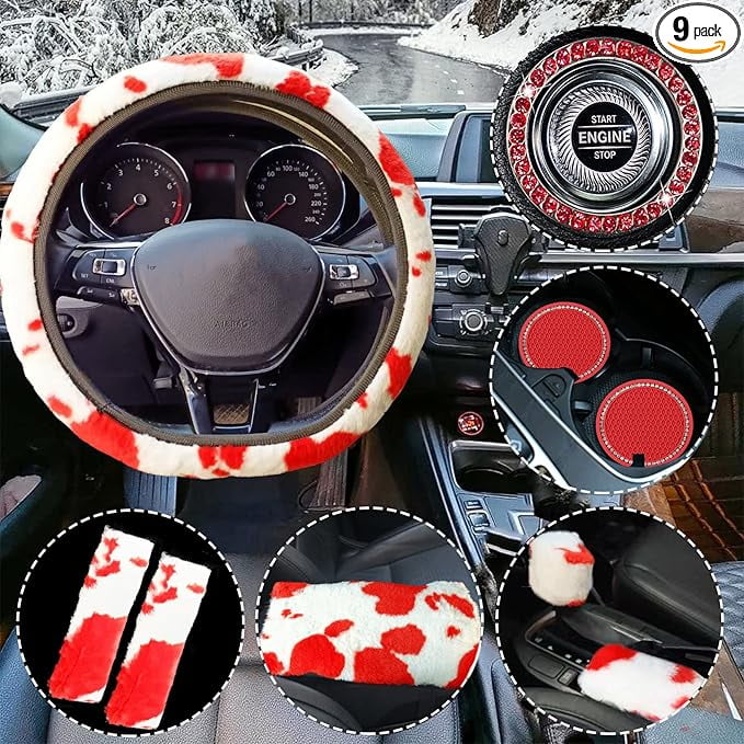 Fluffy Cow Print Plush Steering Wheel Cover for Women with Furry Gear Cover Handbrake Cover Seat Belt Cover Armrest Pad Car Coaster and Bling Emblem