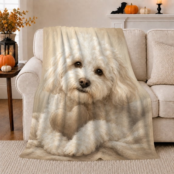 Fluffy Cream Poodle Portrait in Soft Pet Portrait Style for Dog Lovers, Curly Fur Close Up Scene, Cozy Flannel Blanket for Bedroom and Pet Room, Birthday Gift, Dog Home Decor