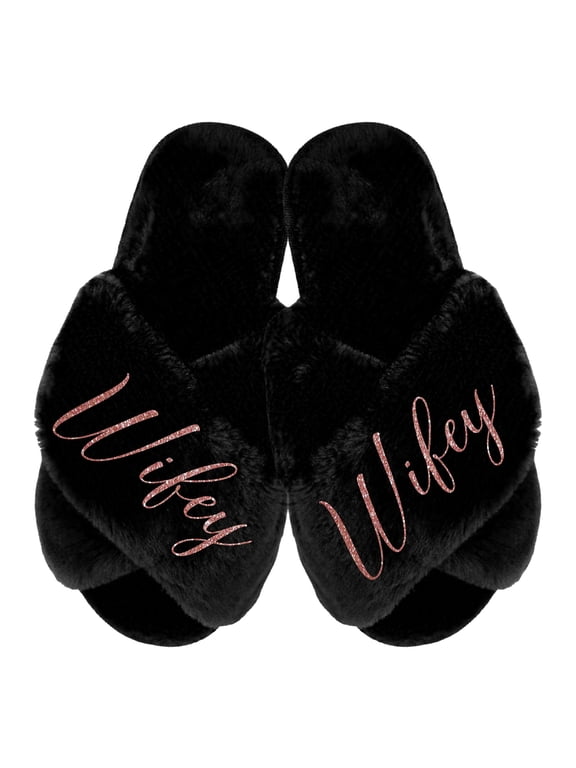 Fluffy Criss Cross Slippers for Women - Sizes XS to XL (US 4-12) - Gifts for Her, Black Small with Rose Gold Glitter