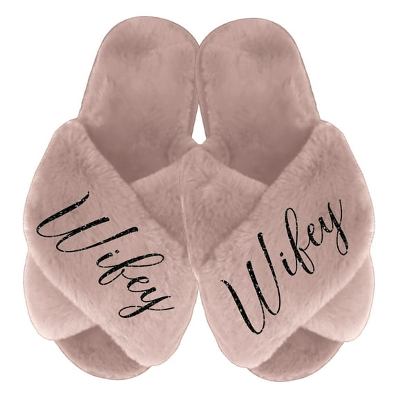 Fluffy Criss Cross Slippers for Women - Sizes XS to XL (US 4-12) - Gifts for Her, Dusty Rose Small with Black Glitter