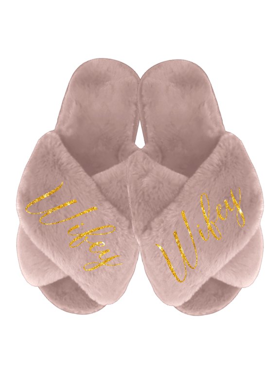 Fluffy Criss Cross Slippers for Women - Sizes XS to XL (US 4-12) - Gifts for Her, Dusty Rose X-Small with Gold Glitter