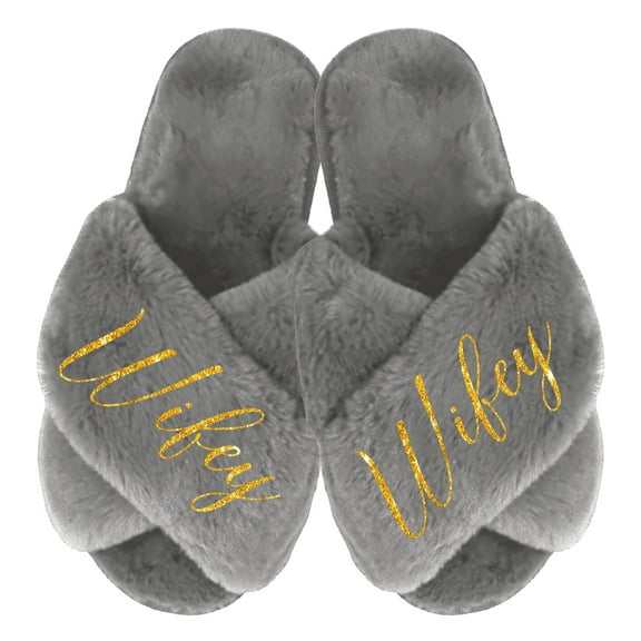 Fluffy Criss Cross Slippers for Women - Sizes XS to XL (US 4-12) - Gifts for Her, Gray Medium with Gold Glitter