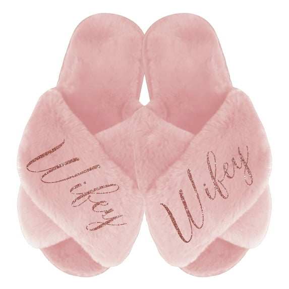 Fluffy Criss Cross Slippers for Women - Sizes XS to XL (US 4-12) - Gifts for Her, Pink Medium with Rose Gold Glitter