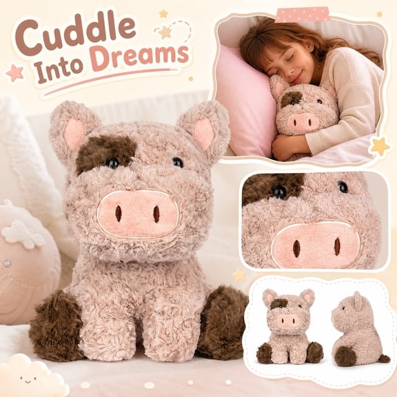 Fluffy Curly Spotted Pig Stuffed Plush, Stuffed Pig, Birthday Gift, Birthday Stuffed Animal, 18X10 Inch Cozy Cuddly Pig Plush Figure for Little Kids, Car Rides, Nap Time and