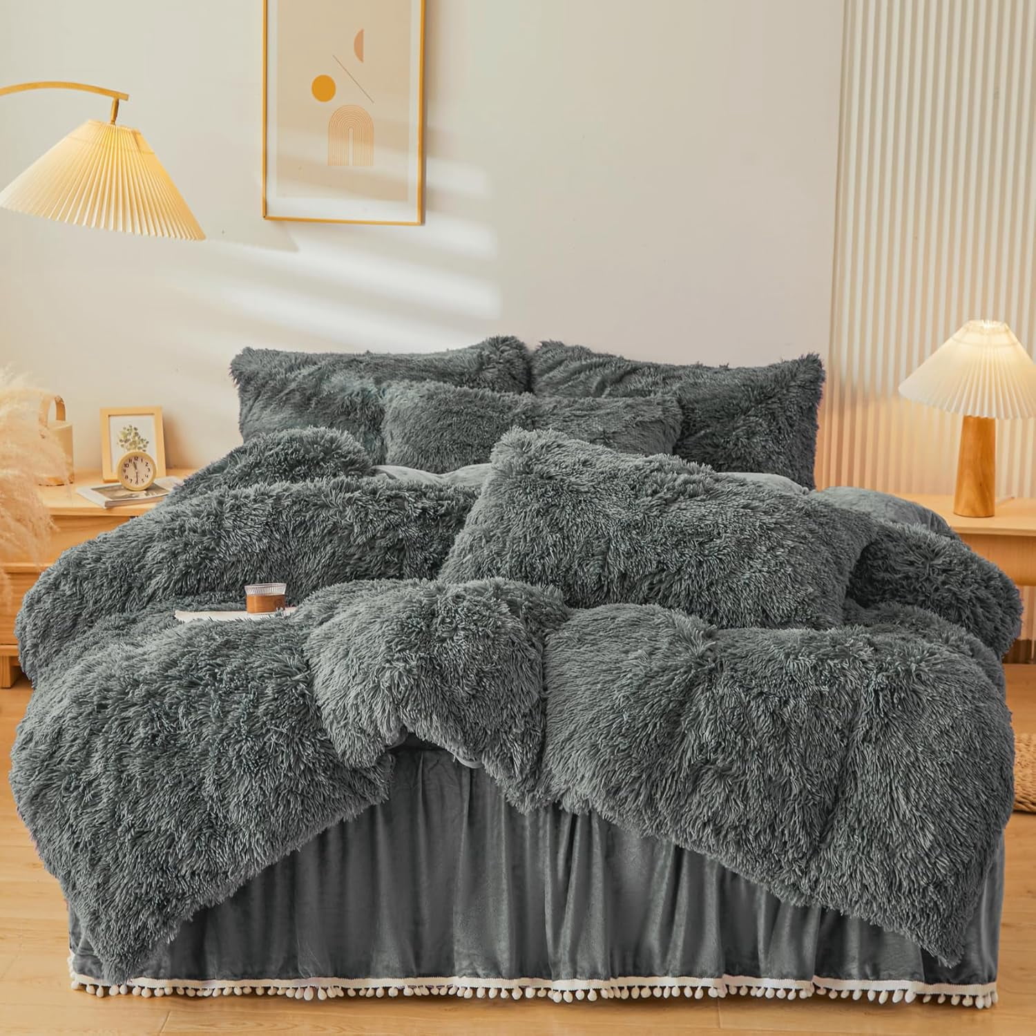 Fluffy Dark Grey Faux Fur Comforter Cover Set Twin,Fluffy Fuzzy Plush ...
