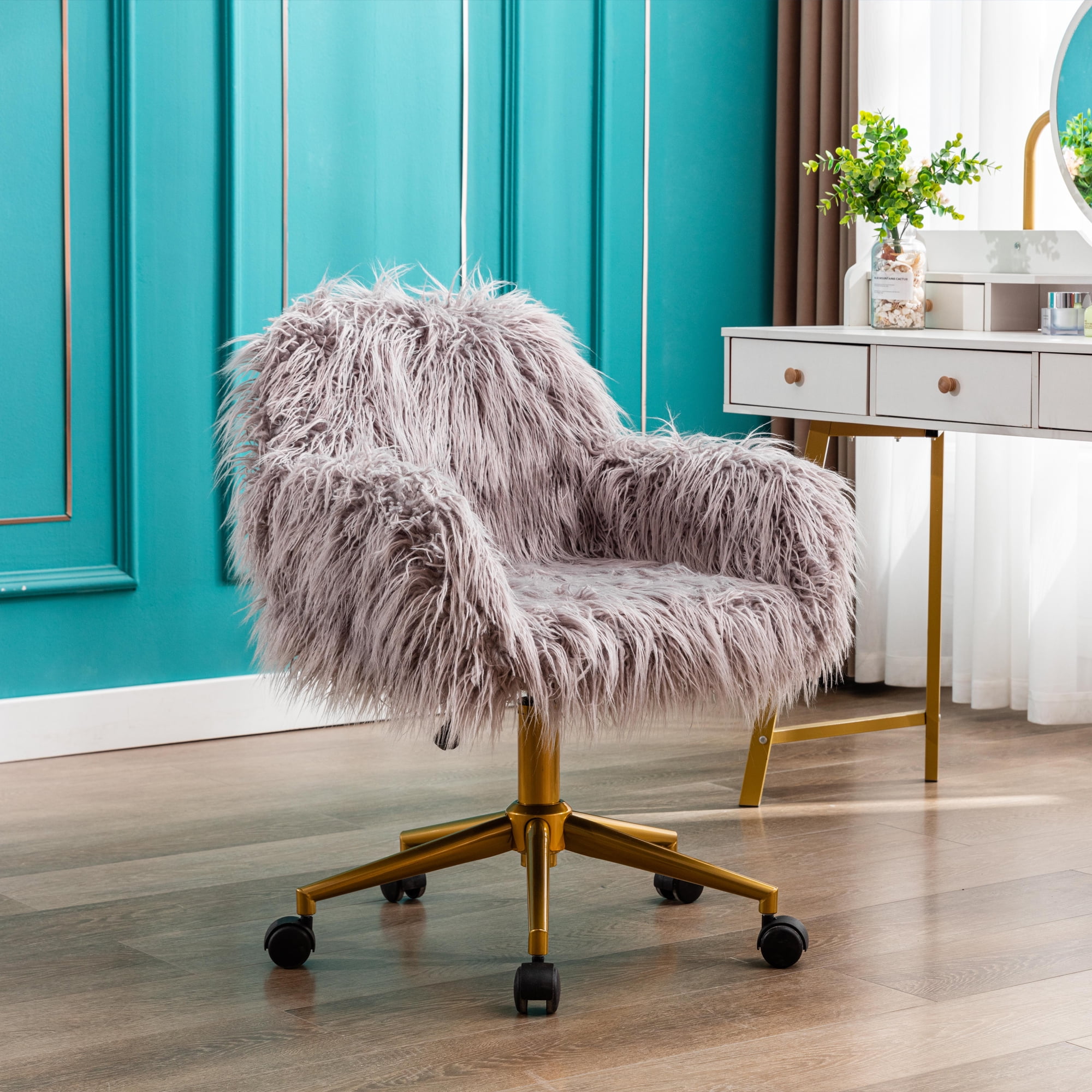 Fluffy Desk Chair Faux Fur Swivel Armchair with Wheels Modern Adjustable Makeup Vanity Chair for Women Girls Home Living Dressing Room Bedroom Grey