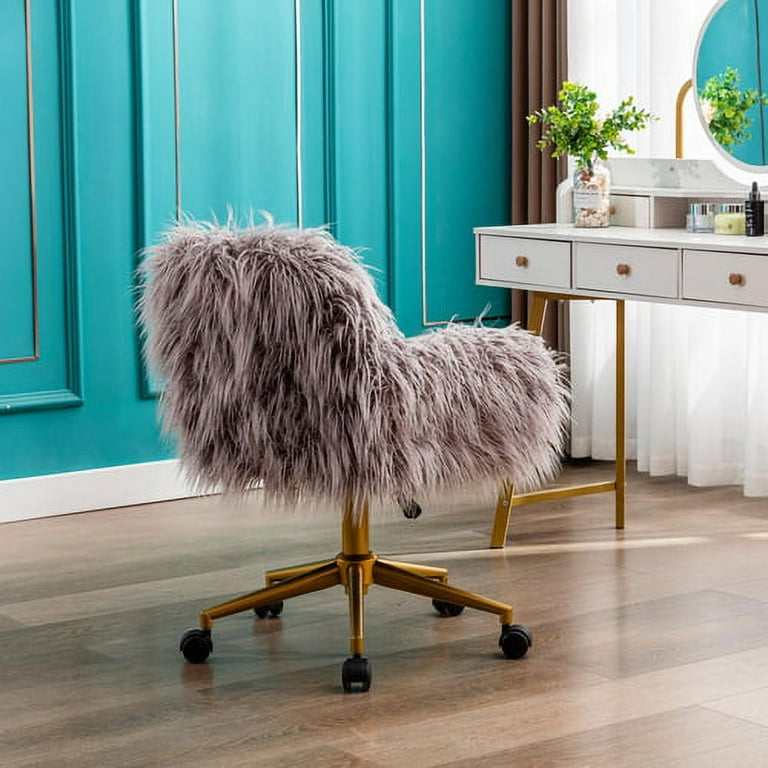 Cute Fluffy Desk Chair for Girls Women, Soft Faux Fur Home Office Chair,  Height Adjustable Accent Armchair with Silver Base, 360° Swivel Makeup  Vanity