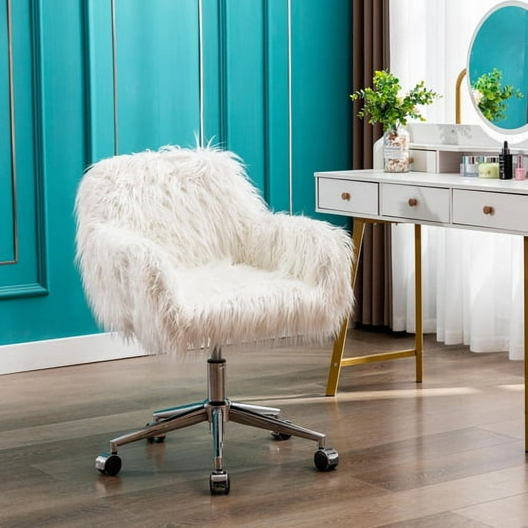 Fluffy Desk Chair for Girls Soft Faux Fur Home Office Chair with 360 Swivel Roller Wheel and Height Adjustable Makeup Vanity Accent Armchair Chair
