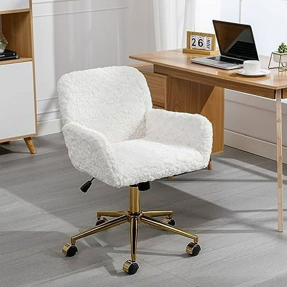 Fluffy Desk Chair,Height Adjustable Vanity Chair with Wheels,Comfortable Faux Fur Desk Chair with goldenn Base, Arm Chair for Bedroom,Living Room,Vanity,Office