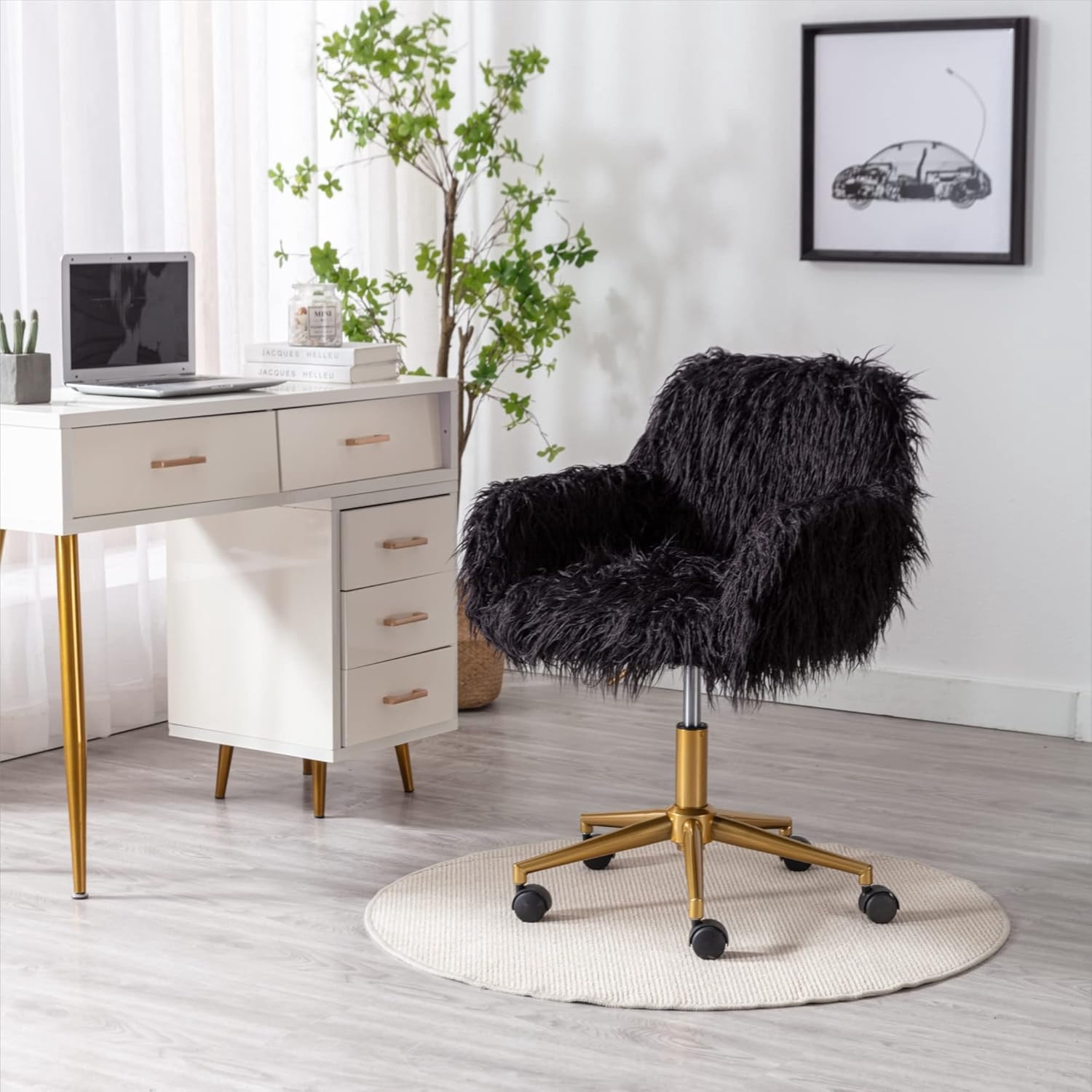 Fluffy Desk Chair Pink Faux Fur Vanity Chair Adjustable Swivel Computer ...