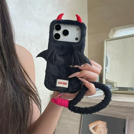 Fluffy Devil Design Anti-Fall Protective Case for iPhone 17 Pro Max, Soft Warm Grip, Detachable Wrist Strap, Cute Gothic Style for Halloween Gifts,Black