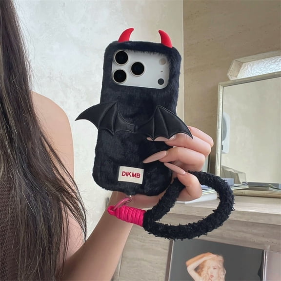 Fluffy Devil Design Anti-Fall Protective Case for iPhone 17 Pro Max, Soft Warm Grip, Detachable Wrist Strap, Cute Gothic Style for Halloween Gifts,Black