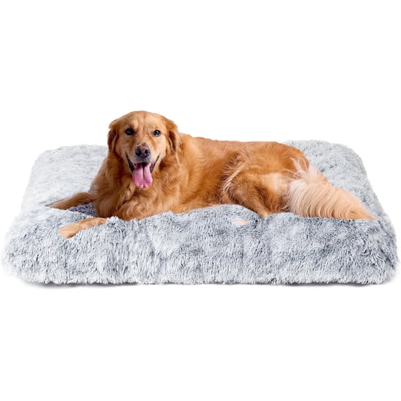 Fluffy Dog Crate Bed for Extra Large Dogs, Plush Faux Fur Pad, Calming Anti Anxiety XL Bed for Crate, Washable Soft Warm Dog Mat with Non-Slip Bottom, Grey