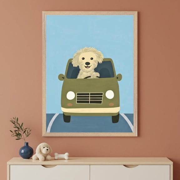Fluffy Dog Driving Van Nursery Puppy Driver Green Wall Decor Unframed Paper Print