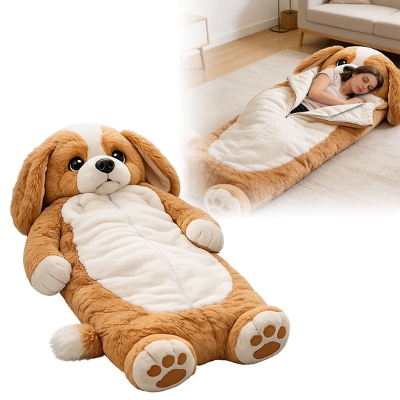 Fluffy Dog Sleeping Bag for Adults, Plush Dog Shaped Sleeping Bag for Adults, Adorable Dogs Envelope Sleeping Bags, Washable Warm Blanket for Camping and Home Lounging