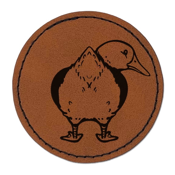 Fluffy Duck Butt Looking Behind 2.5" Faux Leather Round Engraved Iron-On Patch - Brown