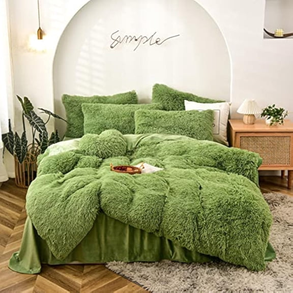 Fluffy Duvet Cover Set Full Size Green Ultra Soft Shaggy Fluffy Comforter Cover Set Fuzzy Quilt Cover Set Bedding Set 3 count (1Duvet Cover + 2Pillow Shams) with Zipper Closure Avocado Green