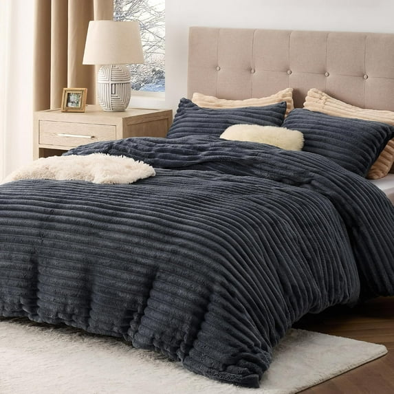 Fluffy Duvet Cover Set - Ultra Soft Plush Shaggy Comforter Cover King Size, Warm Flannel Fleece Bed Sets for Winter, 3 Pieces (Striped Pattern, Dark Grey)