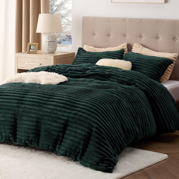 Fluffy Duvet Cover Set - Ultra Soft Plush Shaggy Comforter Cover King Size, Warm Flannel Fleece Bed Sets for Winter, 3 Pieces (Striped Pattern, Forest Green)