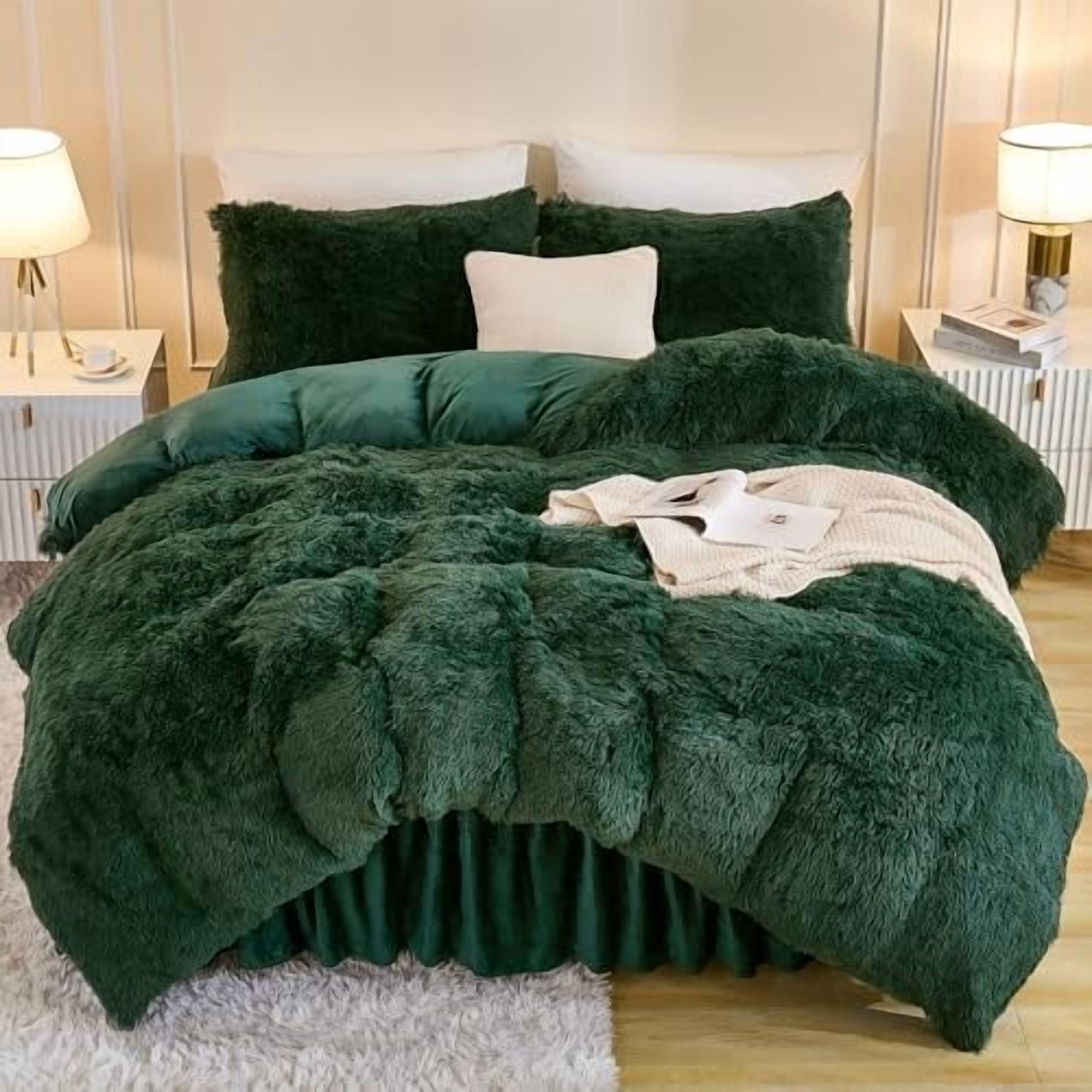 Fluffy Emerald Green Comforter Set Full Size, 3 Pieces Winter Faux Fur ...