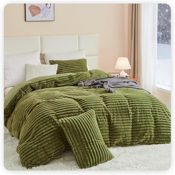 Fluffy Faux Fur Duvet Cover - Ultra Soft Velvet Plush Shaggy Comforter Cover, Flannel Fleece Bed Sets, Striped Pattern 3 Pieces