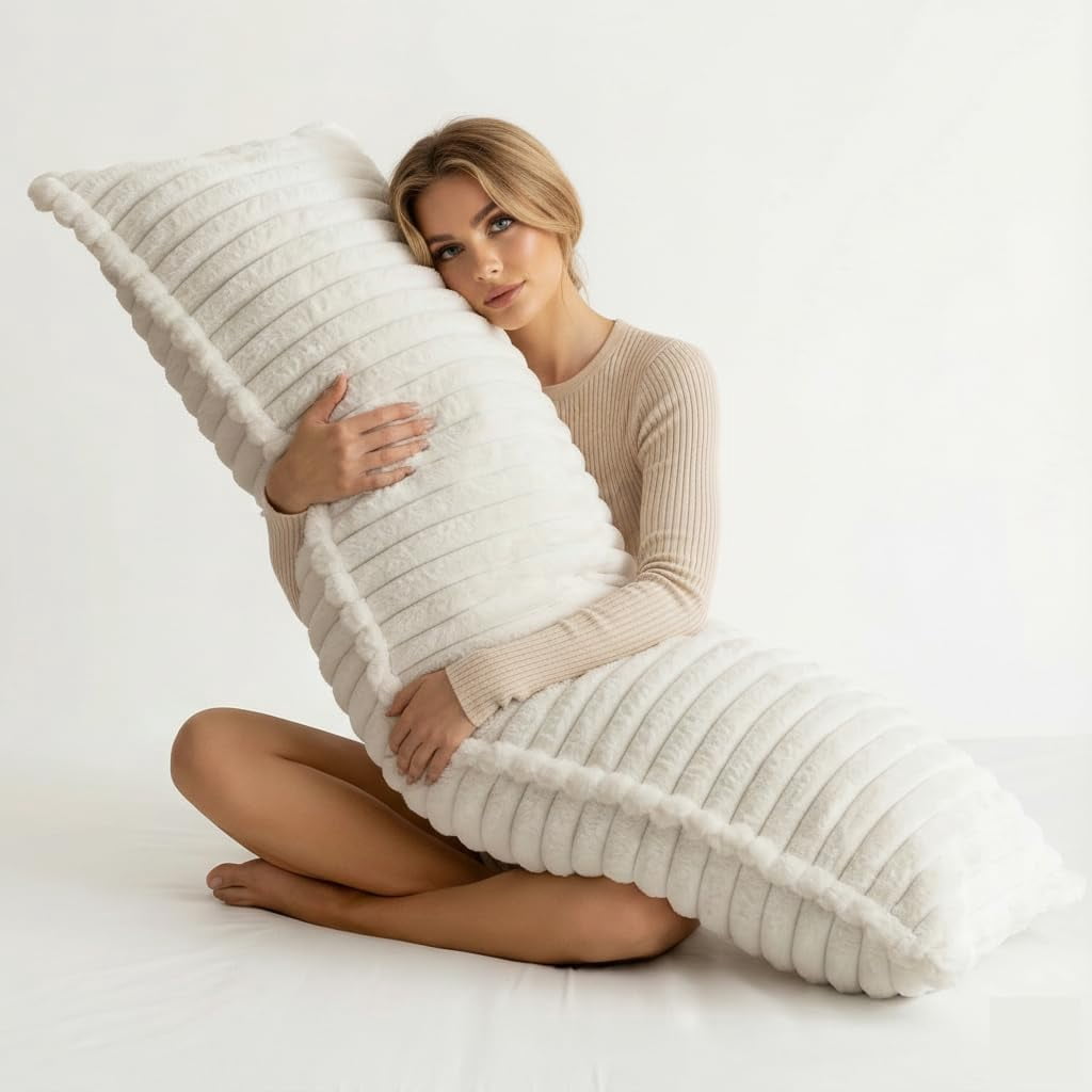 Fluffy Faux Fur Full Body Pillow for Adults, 20x54 Inch Shredded Memory Foam Pillow for Side Sleepers & Pregnancy Support, Long Bed Pillow for Back Pain Relief with Removable Cover