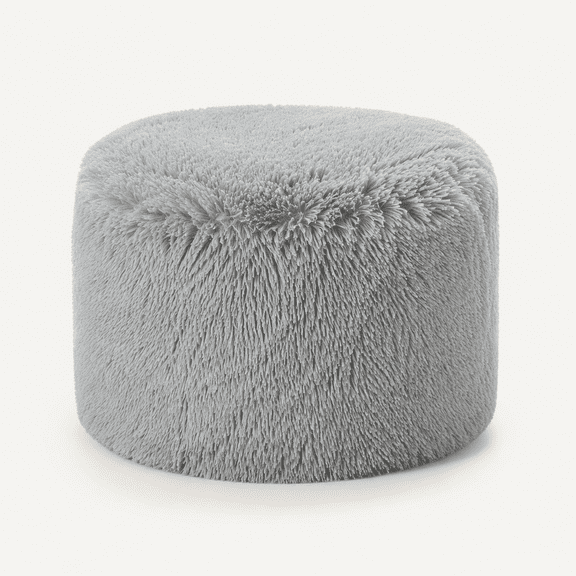 Fluffy Faux Fur Inflatable Pouf Ottoman, Soft Portable Shaggy Fuzzy Foot Stool, Gray Plush Furry Foot Rest Floor Pouf, Round Ottoman Cushion Living Room Bedroom Patio Dorm Desk, Light Grey