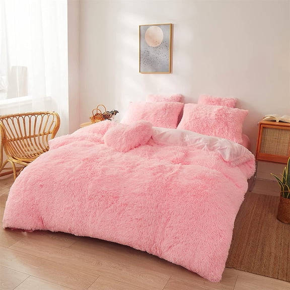 Fluffy Faux Fur Pink Comforter Cover Set Queen - Ultra Soft Plush Pink Bedding Sets 3 Pieces (1 Fluffy Duvet Cover + 2 Faux Fur Pillow case) Cute Bed Set (Light Pink, Queen)