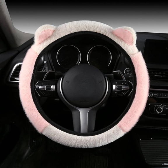 Fluffy Faux Fur Steering Wheel Cover with Cat Ears, 15 Inch Universal Size for Most Vehicles, Thick Plush Protector with Non-Slip Grip, Cute Car Interior Decor for Women
