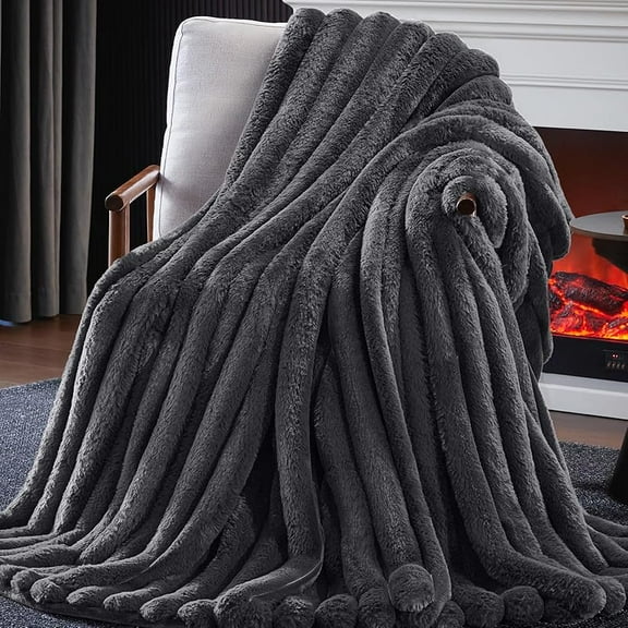 Fluffy Faux Fur Throw Blanket, Thick 1000GSM Soft Cozy Lola Throw Blankets for Bed, Luxury Plush Striped Warm Fuzzy Blanket for Couch LivingRoom Home Decor & Gifts(60"x 80", Darkgrey)