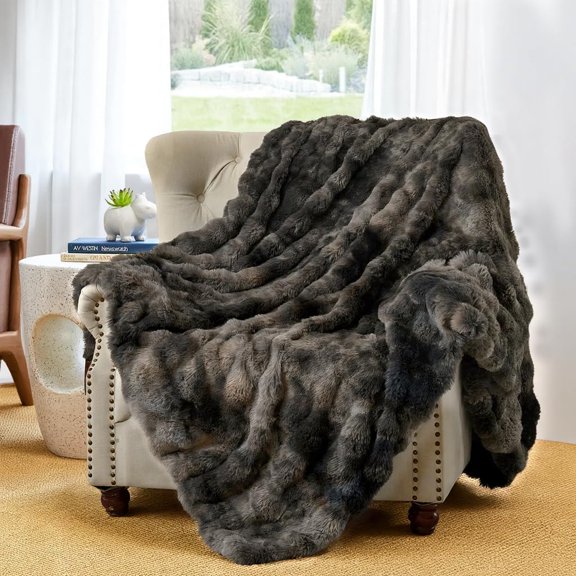 Fluffy Faux Fur Throw Blanket for Couch Bed 90x90, Luxury Soft Thick Fuzzy Plush Bubble Blanket, Warm Cozy Blanket for Sofa Chair, Tie-dye Dark Grey