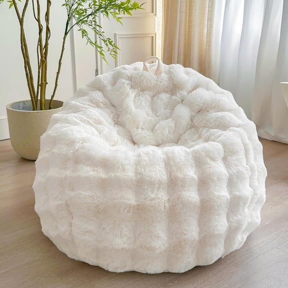Fluffy Faux Rabbit Fur Bean Bag Cover (No Filler), Big Luxury Fuzzy Stuffed Animal Storage Bubble Large Bean Bag Chair Home Decor, Comfy Shaggy Furry Beanbag Cover Kids Girls Adults, Beige