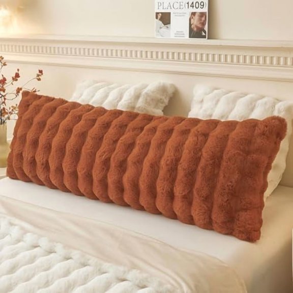Fluffy Faux Rabbit Fur Body Pillow Cover, Cozy Bubble Shaggy Plush Bed Body Pillowcase with Zipper Closure, Long 20"x54" Fuzzy Furry Pillow Case for Bedroom Home Decoration, Burnt Orange