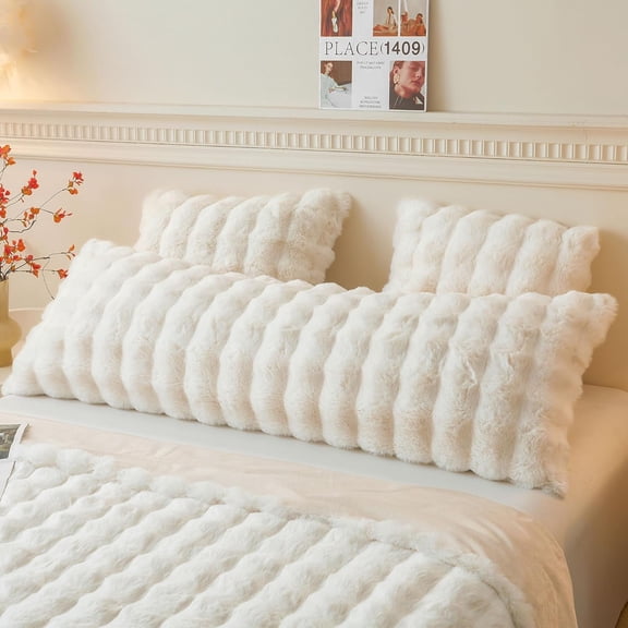 Fluffy Faux Rabbit Fur Body Pillow Cover, Luxury Ivory Bubble Shaggy Plush Bed Pillowcase with Zipper Closure, Long 20"x54" Fuzzy Furry Case for Adults Kids Girls Teens, Beige