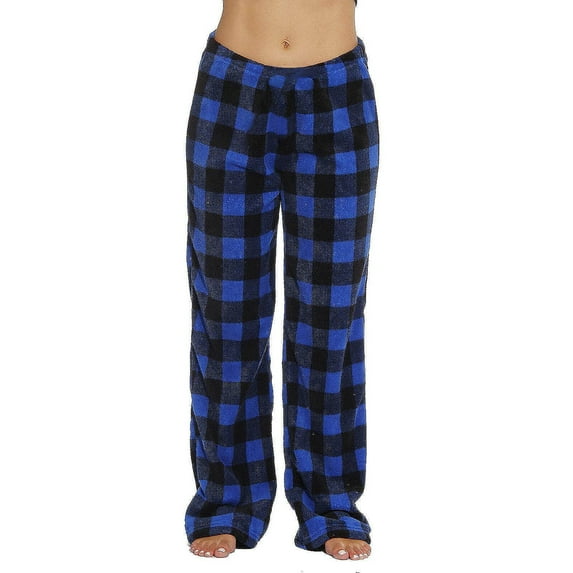Fluffy Flannel Pajama Pants Women Fuzzy Buffalo Plaid Pj Pants Comfy Loose Soft Plaid Pant Elastic Waist Sleep Pant Blue L