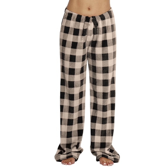 Fluffy Flannel Pajama Pants Women Fuzzy Buffalo Plaid Pj Pants Comfy Loose Soft Plaid Pant Elastic Waist Sleep Pant Khaki L