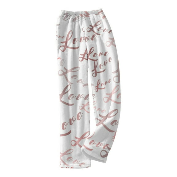 Fluffy Flannel Pajama Pants Women Fuzzy Heart Warm Valentines Plush Lounge Pj Pants Elastic Waist Cozy Sleepwear