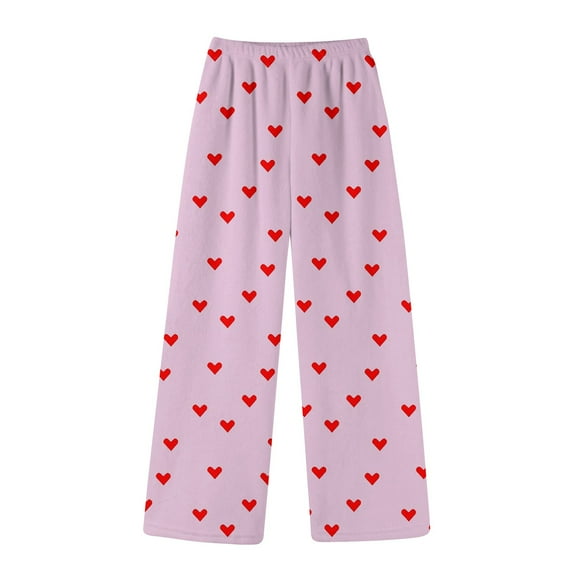 Fluffy Flannel Pants for Women Fuzzy Heart Print Winter Valentines Day Plush Lounge Sleep Pants Cute Pajama Bottoms