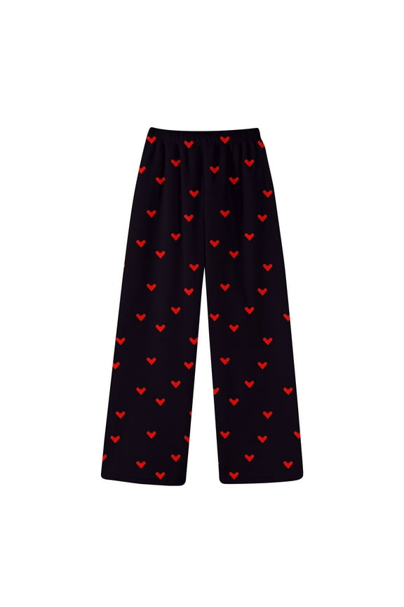 Fluffy Flannel Pants for Women Valentine's Day Heart Print Cozy Lounge Pj Pants Fuzzy Plush Winter Sleepwear