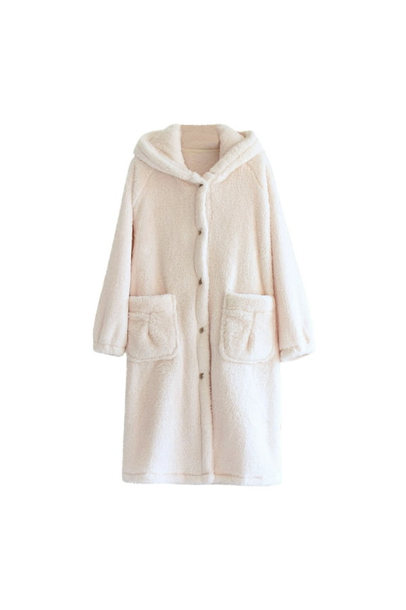Fluffy Fleece Bathrobe for Women Hooded Long Sleeve Soft Plush Loungewear Warm Winter Pajamas Robe with Pockets