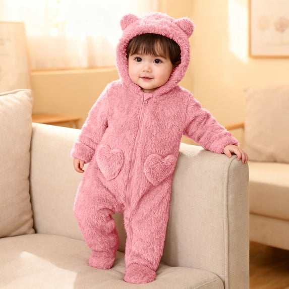 Fluffy Hooded Jumpsuit Long Sleeve Zipper Animal Themed Baby Romper One-Piece Pajama Baby Outerwear for Christmas or Halloween 0-3 Months