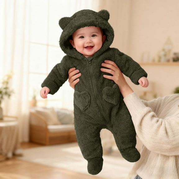 Fluffy Fleece Jumpsuit Long Sleeve Zip Up Animal Themed Baby Romper One-Piece Sleepwear Cartoon Outfit for Dress Up Party 0-3 Months