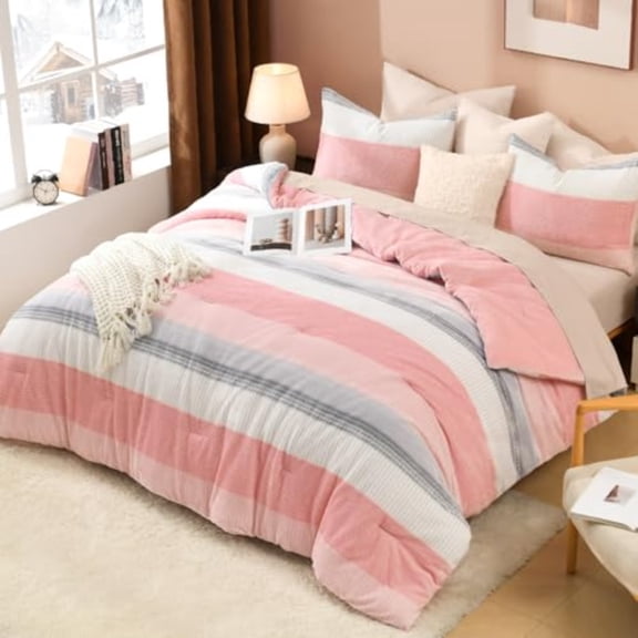 Fluffy Fleece King Size Comforter Set Luxury Soft Plush Fuzzy Blush Stripe Bedding Comforter Sets Warm Shaggy Faux Fur Bed Set All Season 1 Comforter 2 Pillowcases