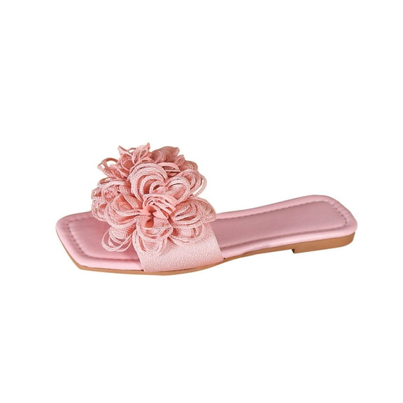 Fluffy Flower Dressy Slide Sandal for Women Evening Party Slide On Sandals Square Toe Comfortable Flat Sandals