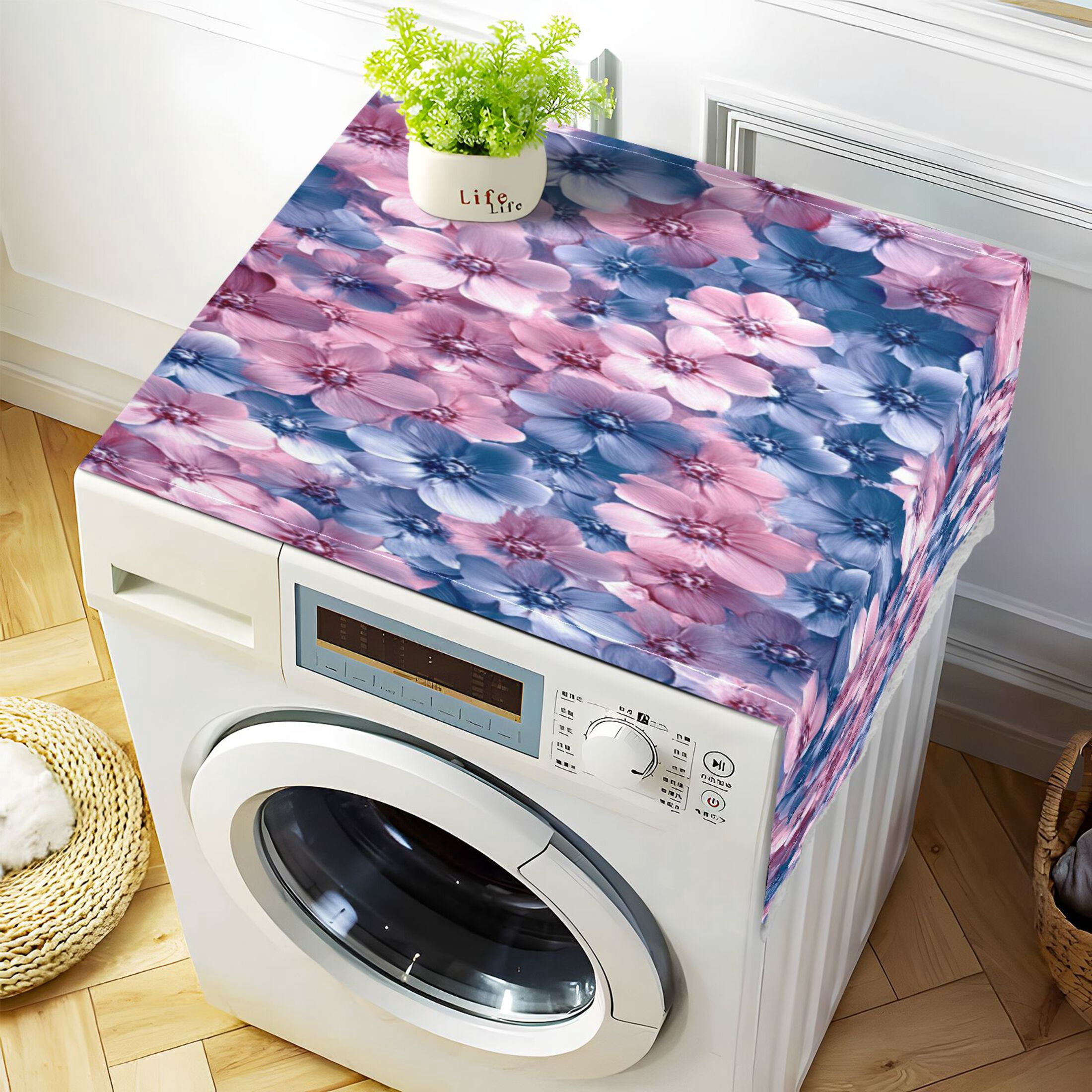 Fluffy FlowersWasher and Dryer Covers Dust-Proof and Oil Resistant Fridge Cover with 4 Storage Pockets Washing Machine Top Cover for Laundry Kitchen Home 51.2 x 22 In