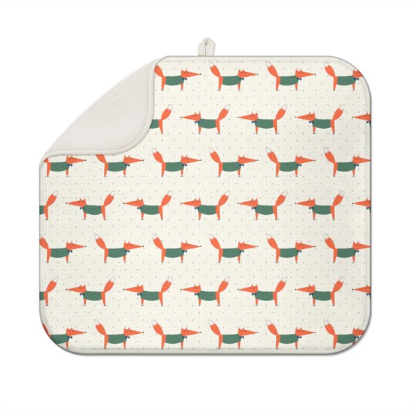 Fluffy Fox Artistic Print Dish Drying Mat - Super Absorbent Microfiber Countertop Pad, Washable & Space-Saving with Hanging Loop