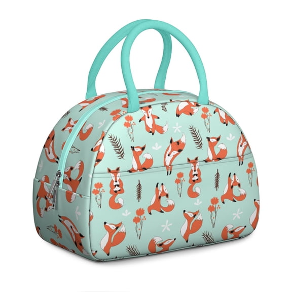 Fluffy Fox Lunch Bag – Artistic Fox in the Forest with Floral Accents, Night Sky & Tree Pattern Design