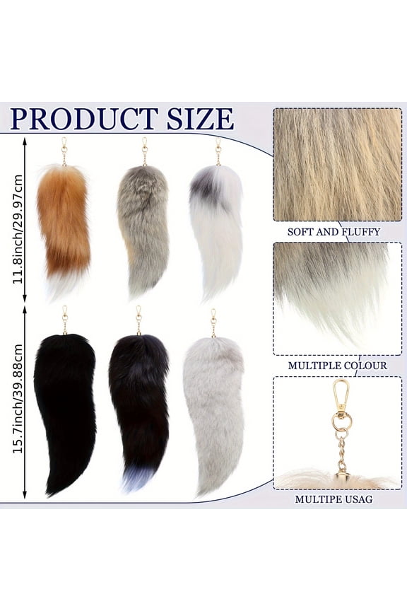 [Fluffy Fox Tail] 6pcs Realistic Fluffy Faux Fur Fox Tail Keychain | 2 Sizes, 6 Colors, Golden-Tone Clasp, Handbag & Backpack Accessory, Cute Gift for Women, Natural Look Fur