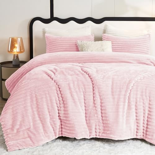 Fluffy Full Size Comforter Sets - Super Soft Faux Fur Pink Comforter Full Size, Winter Warm Fleece Bedding Set, 3 Pieces Plush Fuzzy Bed Set (1 Shaggy Comforter, 2 Pillowcases)